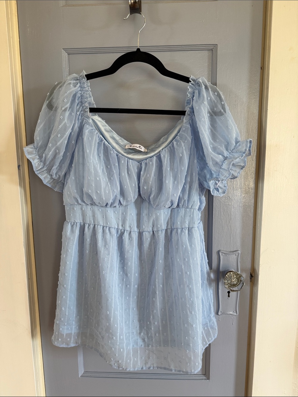 Light Blue Puff-Sleeve Swiss Dot Blouse